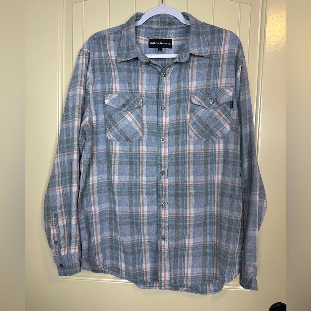 Molokai Surf Co mens gray button up long sleeve flannel shirt sz L beachy grunge